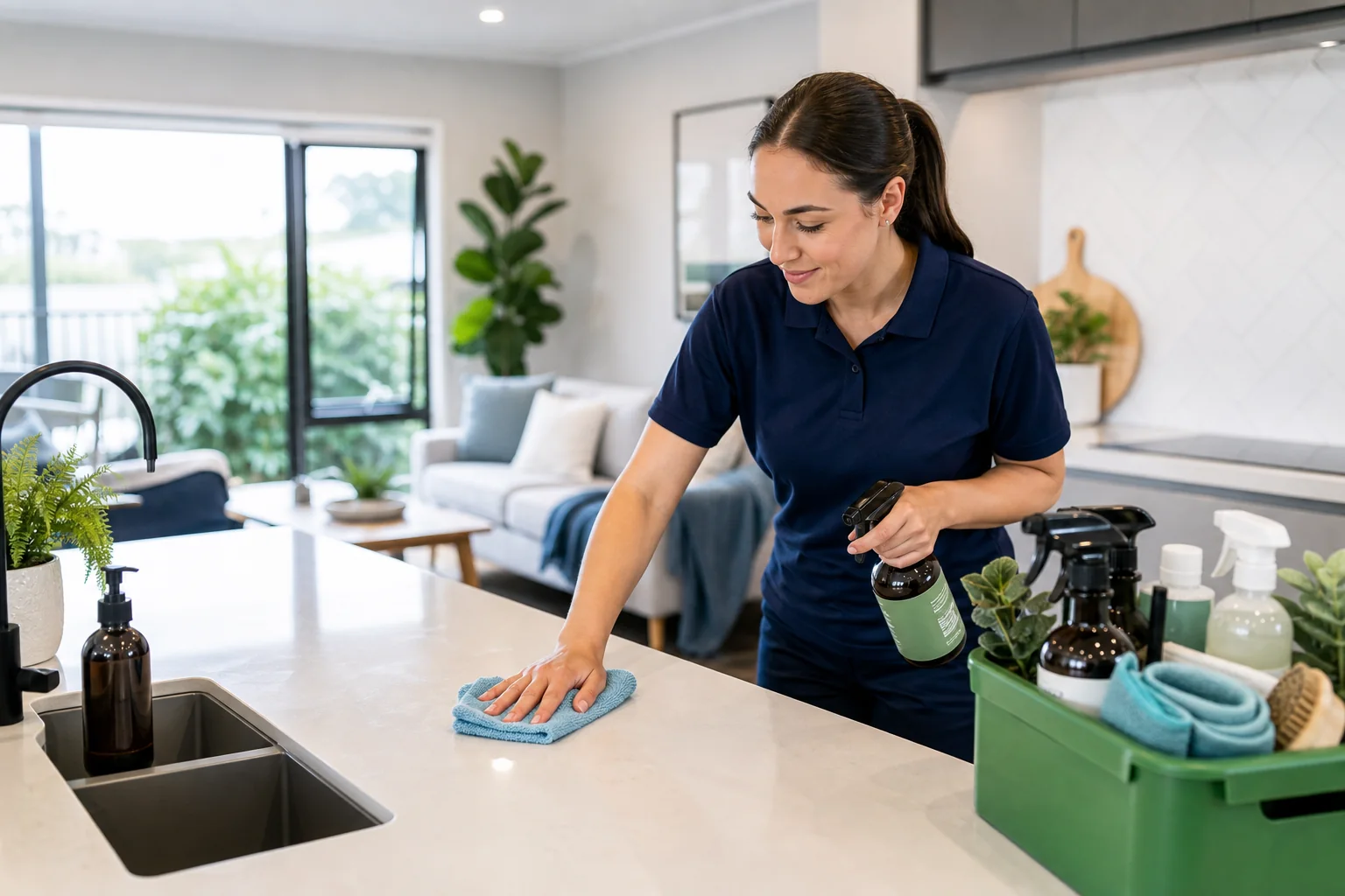 Professional regular home cleaning in a bright living area